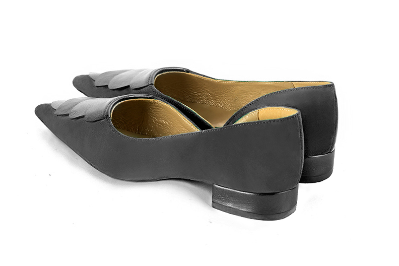 Women's dark grey and antique silver elegant open arch pumps. Pointed toe. Flat flare heels - Rear view